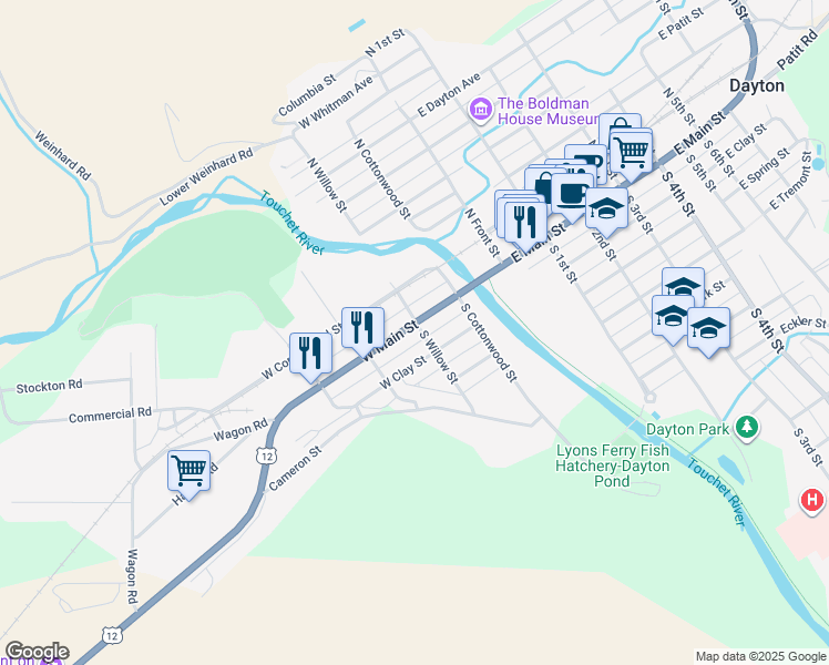 map of restaurants, bars, coffee shops, grocery stores, and more near 301 W Main St in Dayton