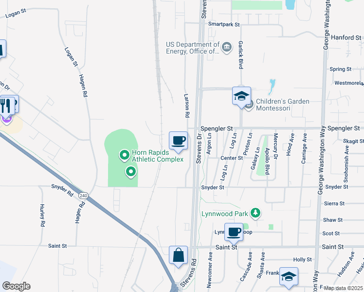 map of restaurants, bars, coffee shops, grocery stores, and more near 2345 Stevens Drive in Richland