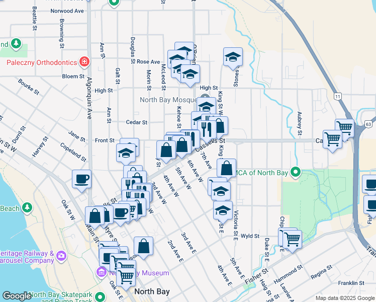 map of restaurants, bars, coffee shops, grocery stores, and more near 1102 Cassells Street in North Bay