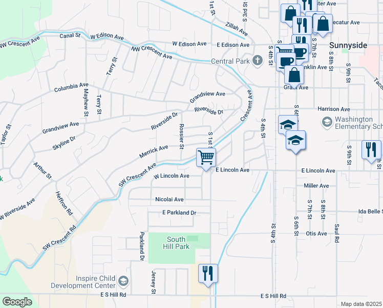 map of restaurants, bars, coffee shops, grocery stores, and more near 101-199 SW Crescent Ave in Sunnyside