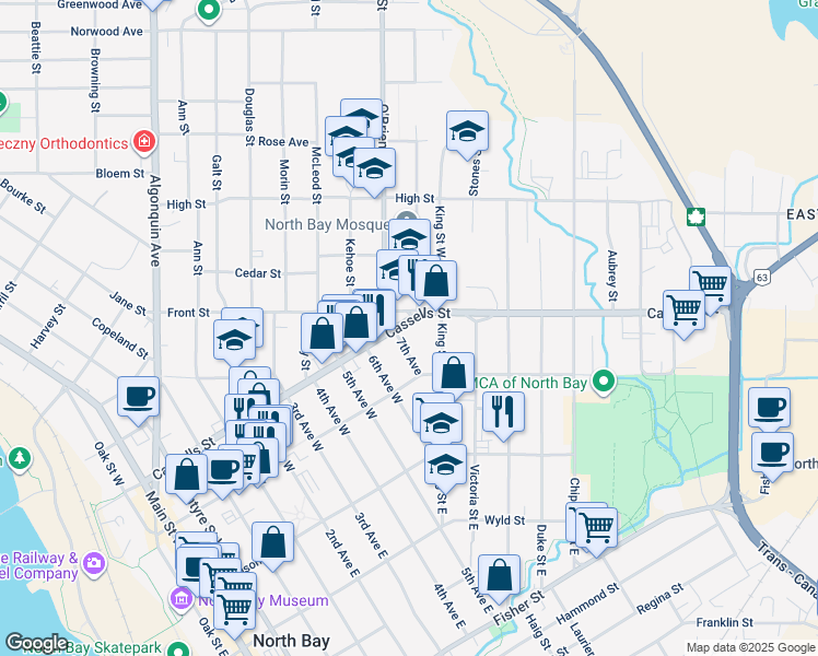 map of restaurants, bars, coffee shops, grocery stores, and more near 1155 Cassells Street in North Bay