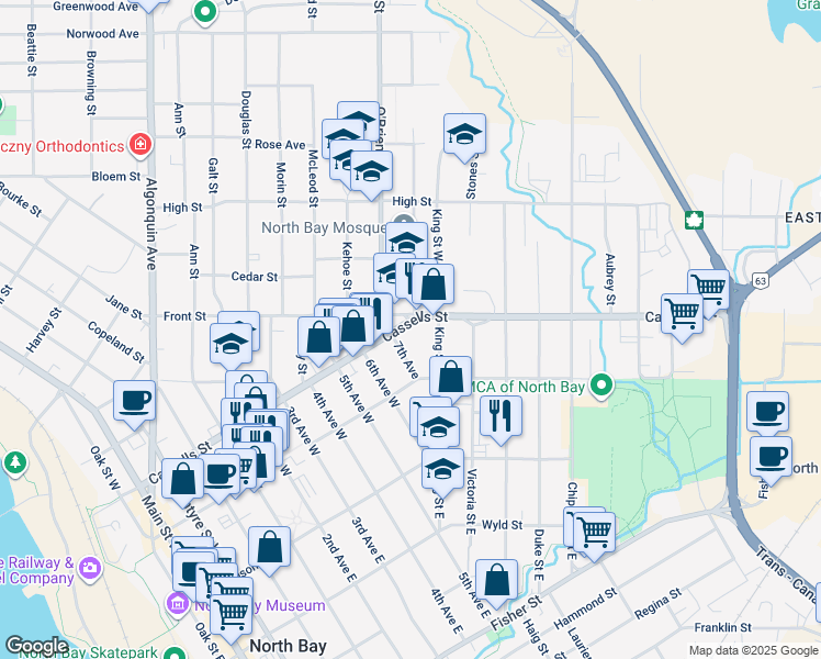 map of restaurants, bars, coffee shops, grocery stores, and more near 1155 Cassells Street in North Bay