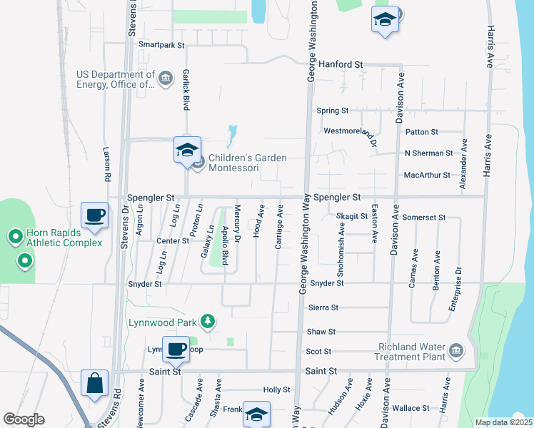 map of restaurants, bars, coffee shops, grocery stores, and more near 2348 Hood Avenue in Richland