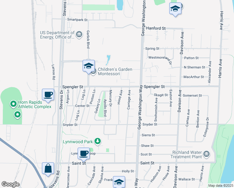 map of restaurants, bars, coffee shops, grocery stores, and more near 46 Mercury Drive in Richland