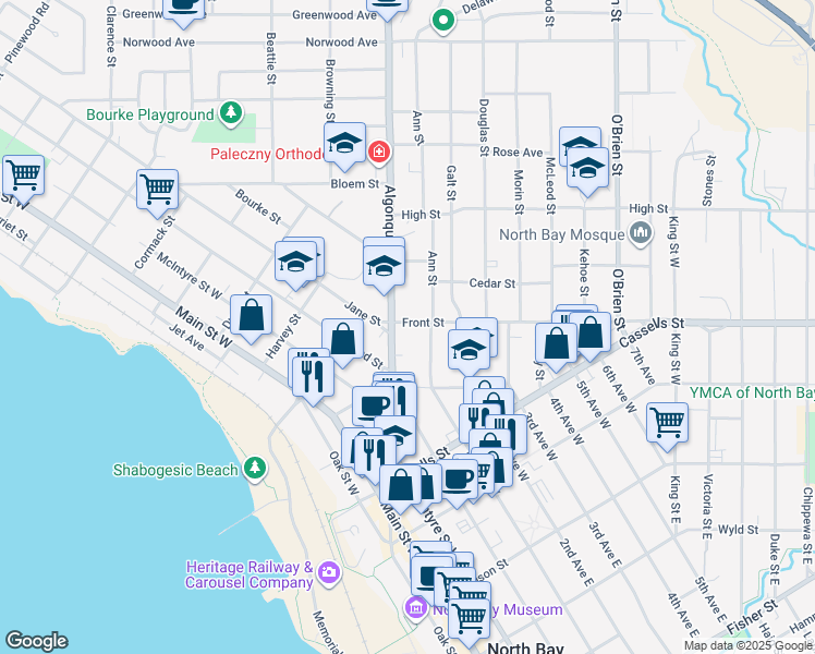 map of restaurants, bars, coffee shops, grocery stores, and more near 541 Front Street in North Bay