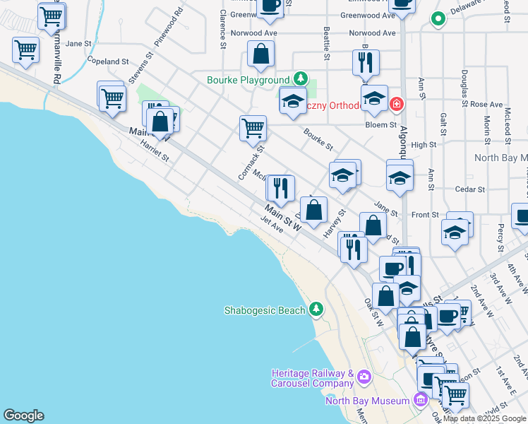 map of restaurants, bars, coffee shops, grocery stores, and more near 877 Jet Avenue in North Bay