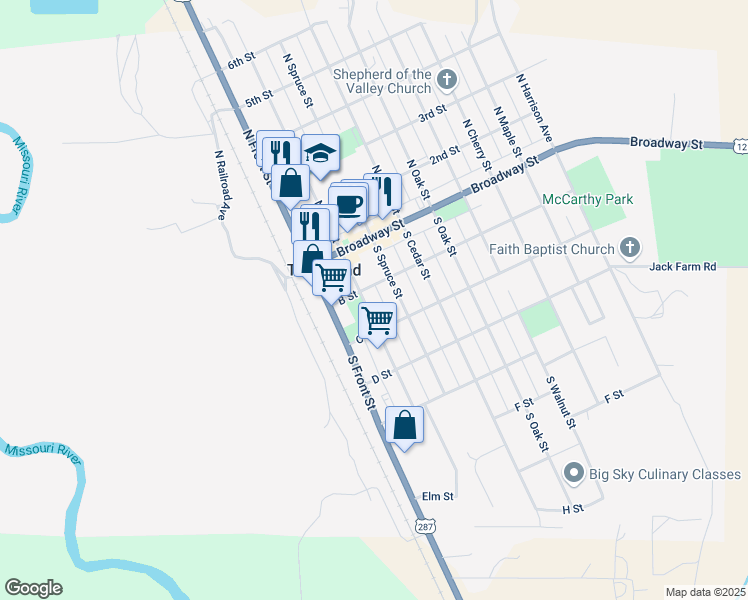 map of restaurants, bars, coffee shops, grocery stores, and more near 217 South Pine Street in Townsend
