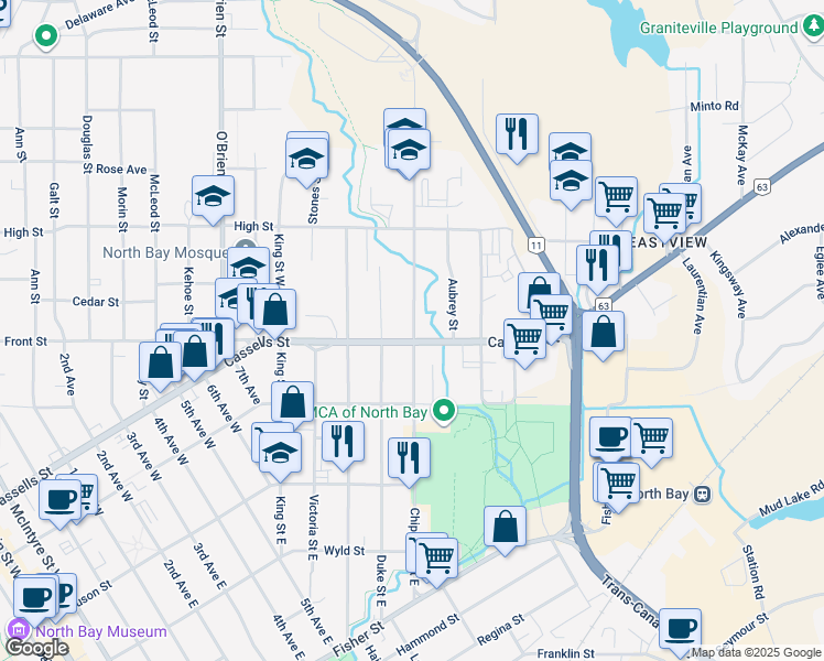map of restaurants, bars, coffee shops, grocery stores, and more near 328 Duke Street West in North Bay