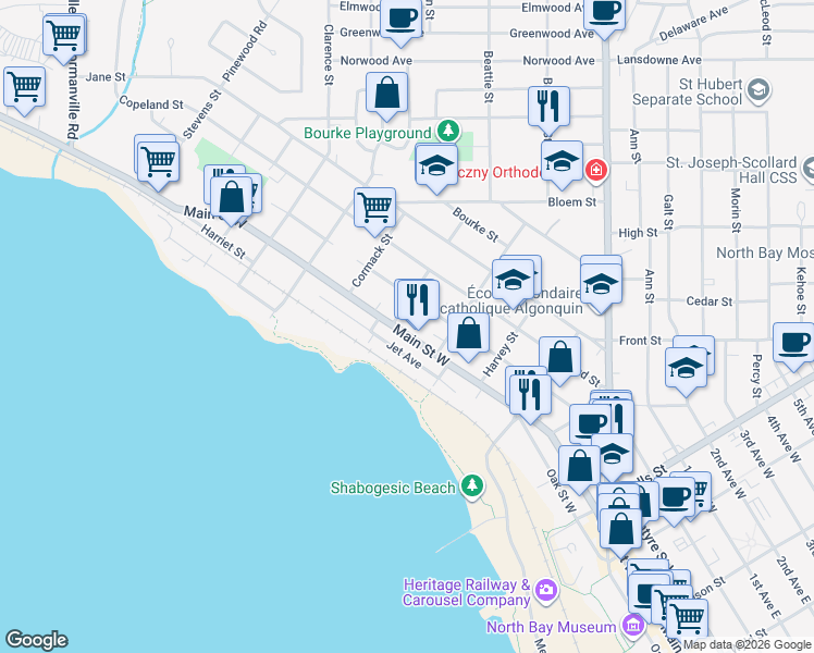map of restaurants, bars, coffee shops, grocery stores, and more near 876 Main Street West in North Bay