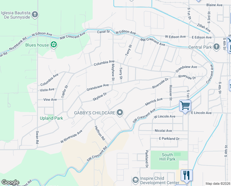 map of restaurants, bars, coffee shops, grocery stores, and more near 609 Skyline Dr in Sunnyside