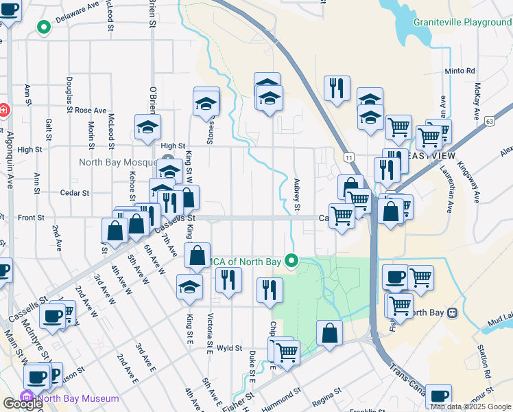 map of restaurants, bars, coffee shops, grocery stores, and more near 328 Duke Street West in North Bay