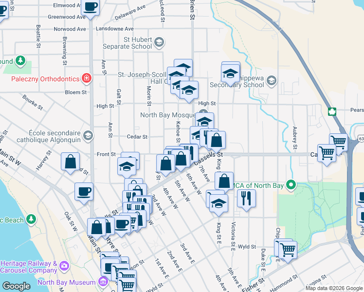 map of restaurants, bars, coffee shops, grocery stores, and more near 430 Kehoe Street in North Bay
