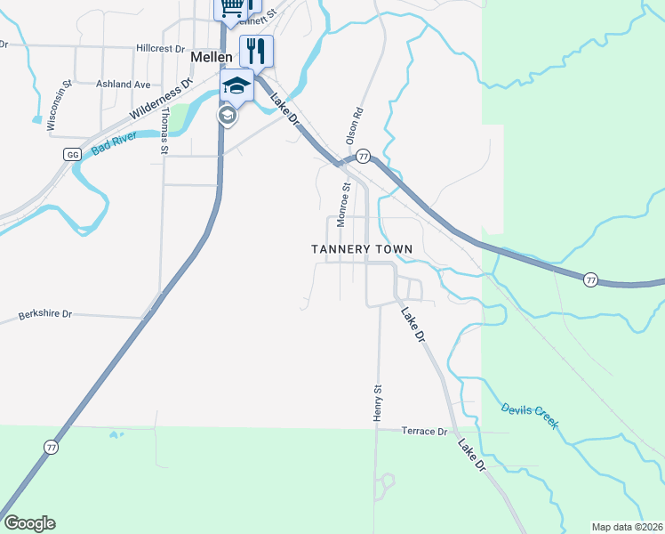 map of restaurants, bars, coffee shops, grocery stores, and more near 705 Monroe Street in Mellen