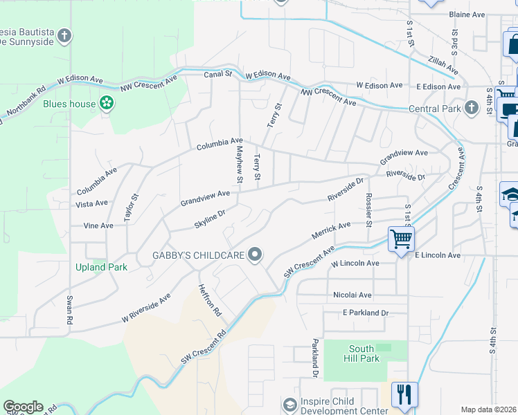 map of restaurants, bars, coffee shops, grocery stores, and more near 609 Skyline Dr in Sunnyside