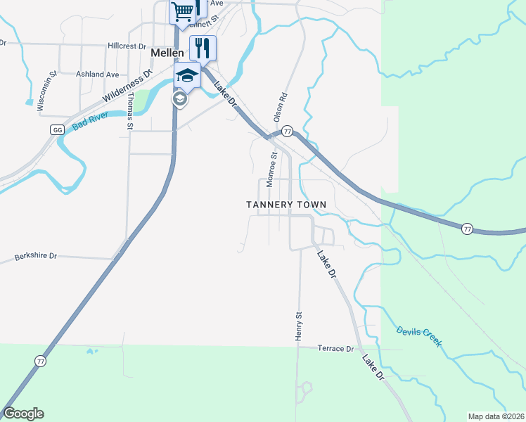 map of restaurants, bars, coffee shops, grocery stores, and more near 705 Monroe Street in Mellen