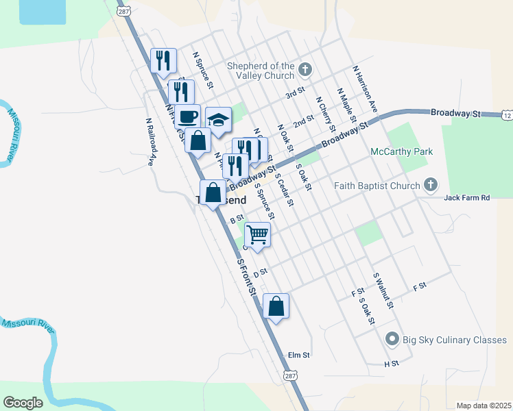map of restaurants, bars, coffee shops, grocery stores, and more near 217 South Pine Street in Townsend