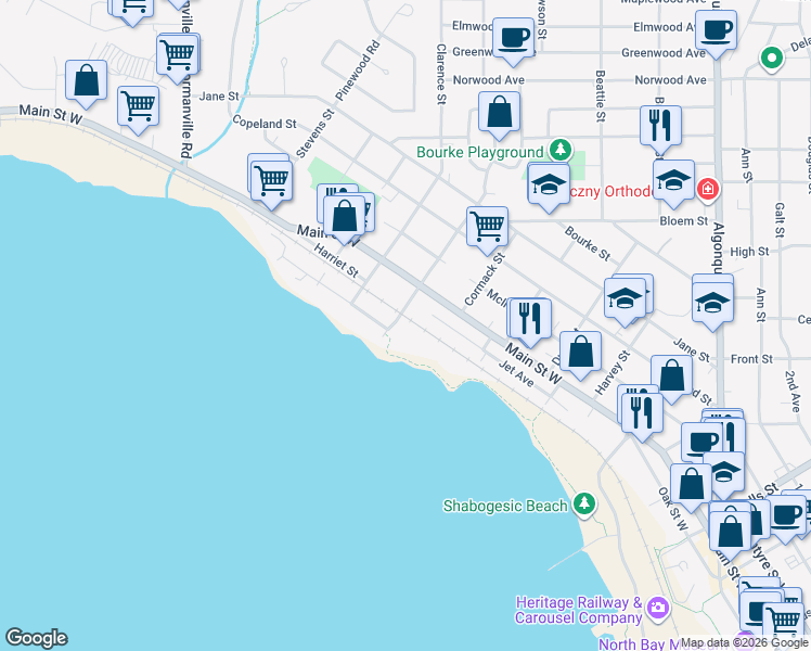 map of restaurants, bars, coffee shops, grocery stores, and more near 155 Timmins Street in North Bay