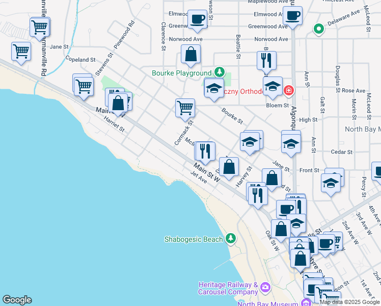 map of restaurants, bars, coffee shops, grocery stores, and more near 877 Jet Avenue in North Bay