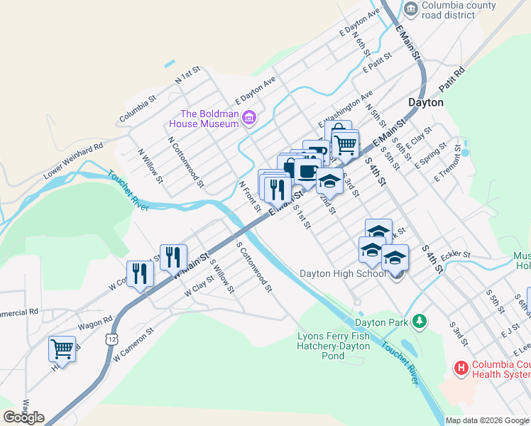 map of restaurants, bars, coffee shops, grocery stores, and more near 120 West Main Street in Dayton