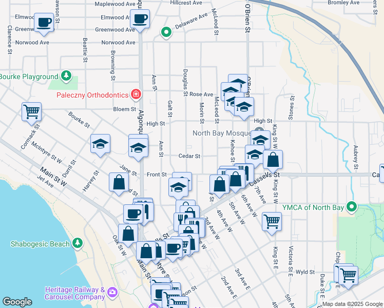 map of restaurants, bars, coffee shops, grocery stores, and more near 730 Cedar Street in North Bay
