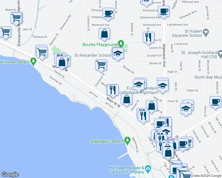 map of restaurants, bars, coffee shops, grocery stores, and more near 898 McIntyre Street West in North Bay