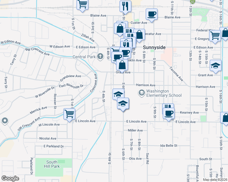 map of restaurants, bars, coffee shops, grocery stores, and more near 421 Harrison Avenue in Sunnyside