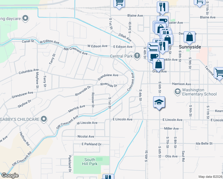 map of restaurants, bars, coffee shops, grocery stores, and more near 112 E Riverside Dr in Sunnyside