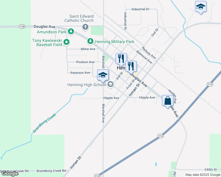 map of restaurants, bars, coffee shops, grocery stores, and more near 500 School Avenue in Henning