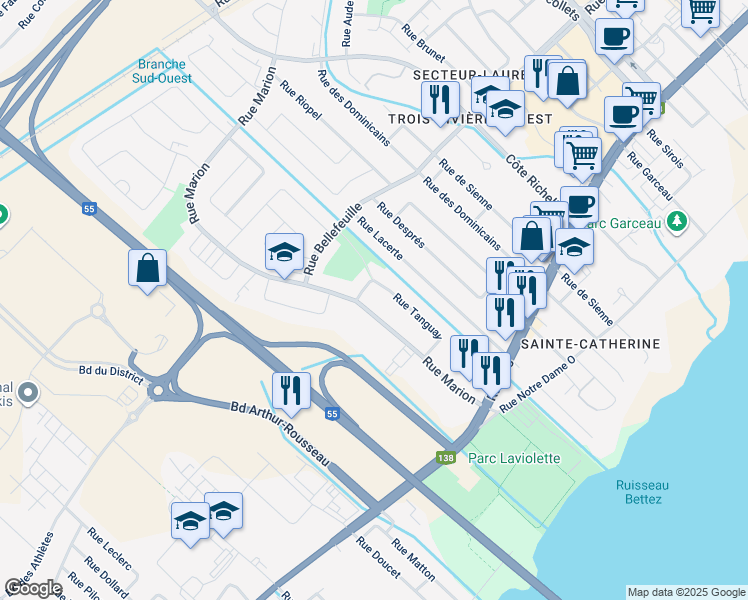 map of restaurants, bars, coffee shops, grocery stores, and more near 6965 Rue Marion in Trois-Rivières