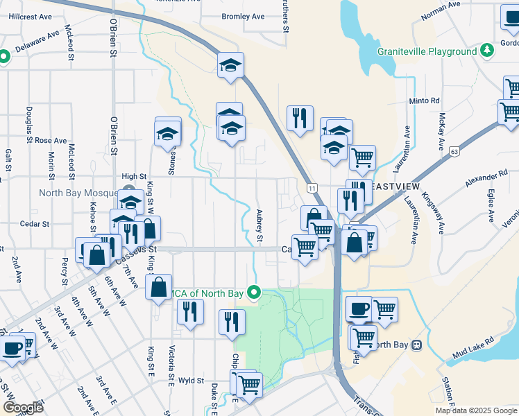 map of restaurants, bars, coffee shops, grocery stores, and more near Aubrey Street in North Bay
