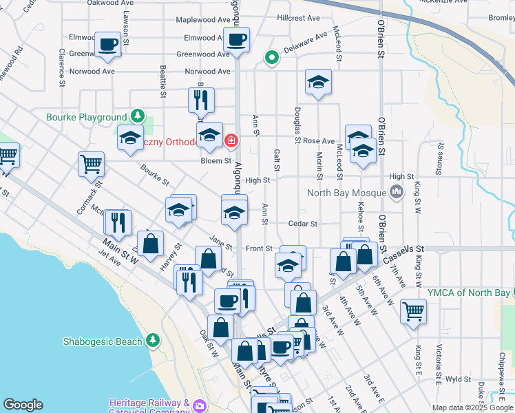 map of restaurants, bars, coffee shops, grocery stores, and more near 570 McLaren Street in North Bay