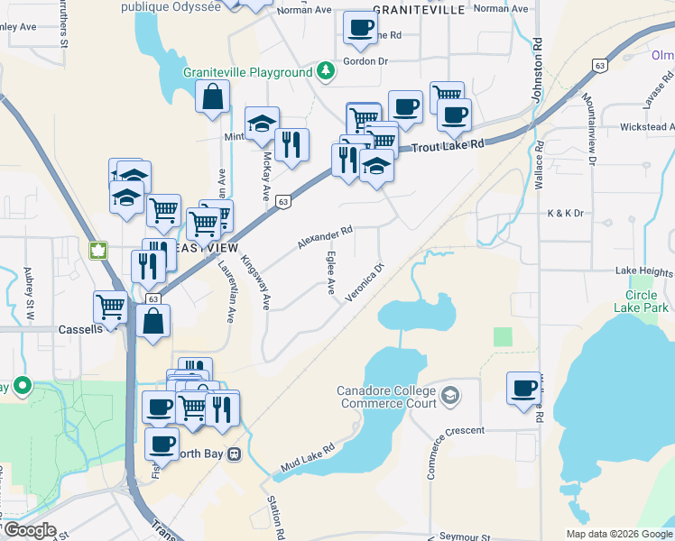 map of restaurants, bars, coffee shops, grocery stores, and more near 42 Eglee Avenue in North Bay