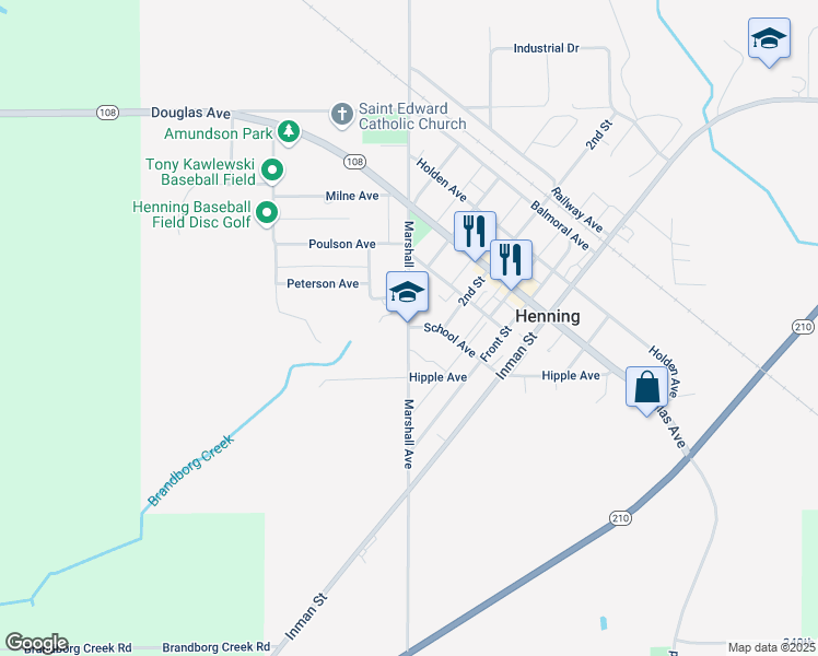 map of restaurants, bars, coffee shops, grocery stores, and more near 500 School Avenue in Henning