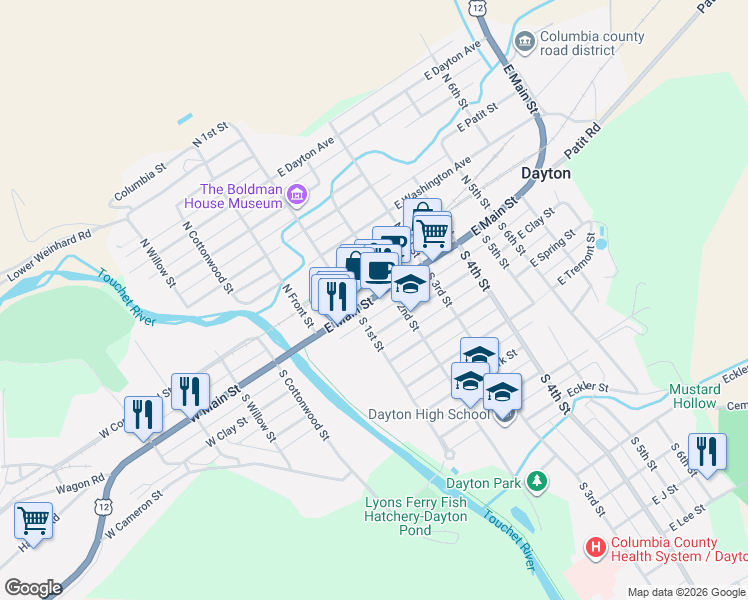 map of restaurants, bars, coffee shops, grocery stores, and more near 262 East Main Street in Dayton