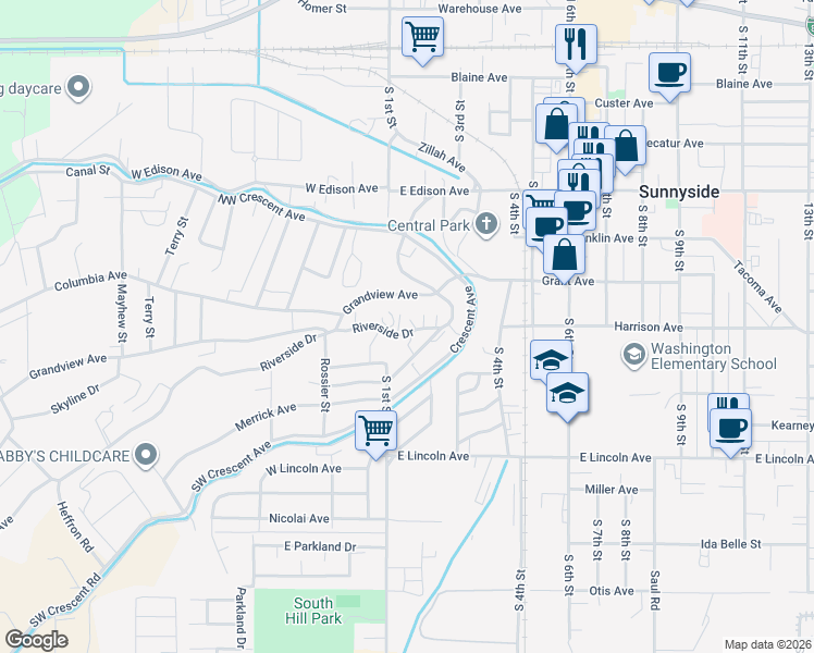 map of restaurants, bars, coffee shops, grocery stores, and more near 112 E Riverside Dr in Sunnyside