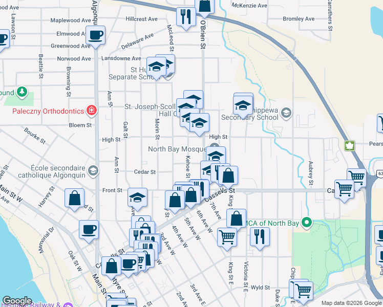 map of restaurants, bars, coffee shops, grocery stores, and more near 534 Kehoe Street in North Bay