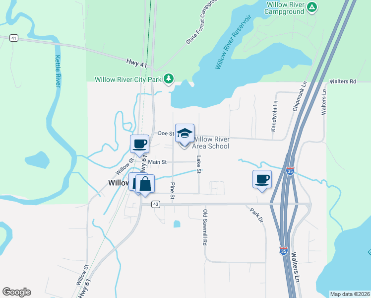 map of restaurants, bars, coffee shops, grocery stores, and more near 8142 Pine Street in Willow River