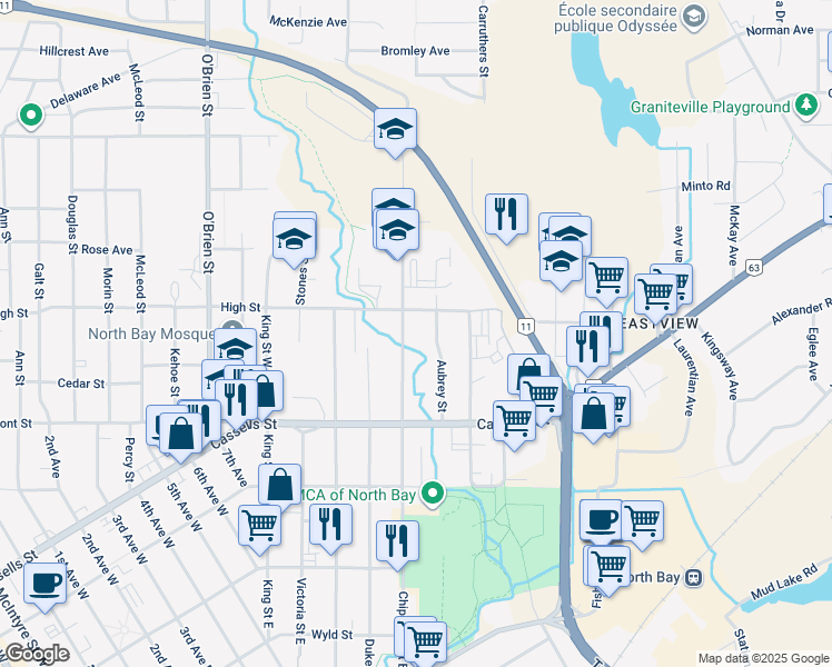 map of restaurants, bars, coffee shops, grocery stores, and more near in North Bay