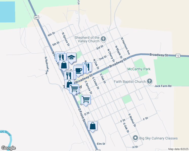 map of restaurants, bars, coffee shops, grocery stores, and more near 100 South Cedar Street in Townsend