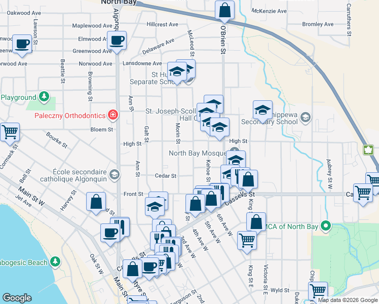 map of restaurants, bars, coffee shops, grocery stores, and more near 573 McLeod Street in North Bay