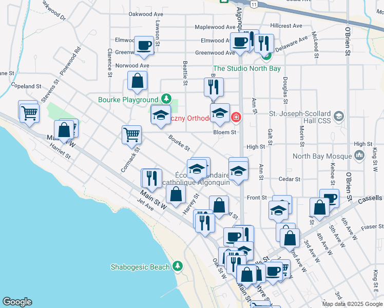 map of restaurants, bars, coffee shops, grocery stores, and more near 686 Durril Street in North Bay