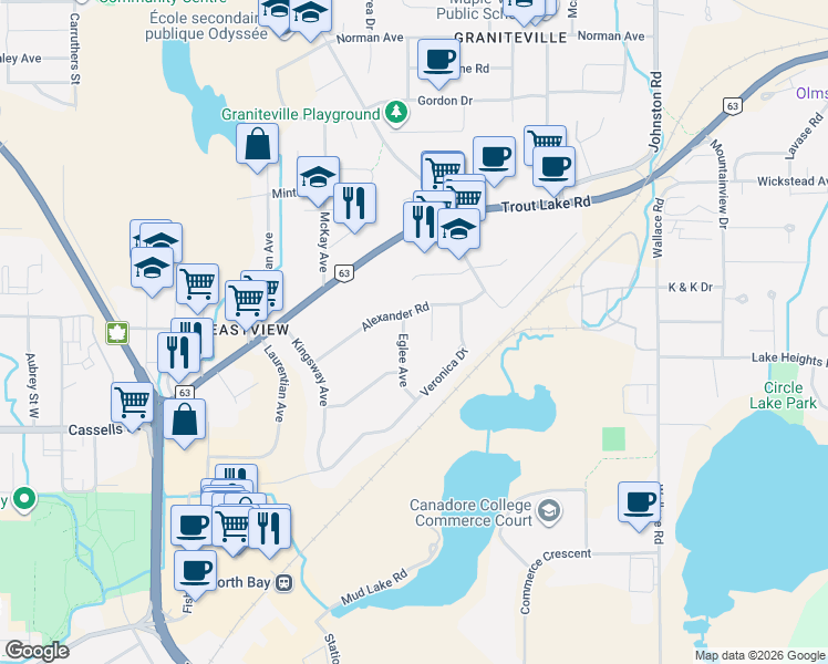 map of restaurants, bars, coffee shops, grocery stores, and more near in North Bay