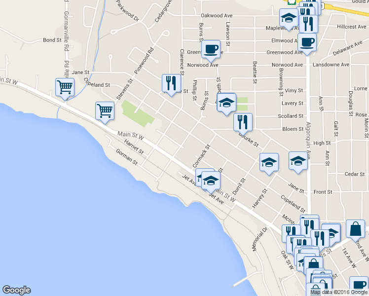 map of restaurants, bars, coffee shops, grocery stores, and more near 1060 McIntyre Street West in North Bay