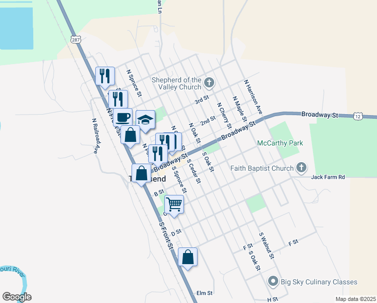 map of restaurants, bars, coffee shops, grocery stores, and more near 100-116 S Cedar St in Townsend