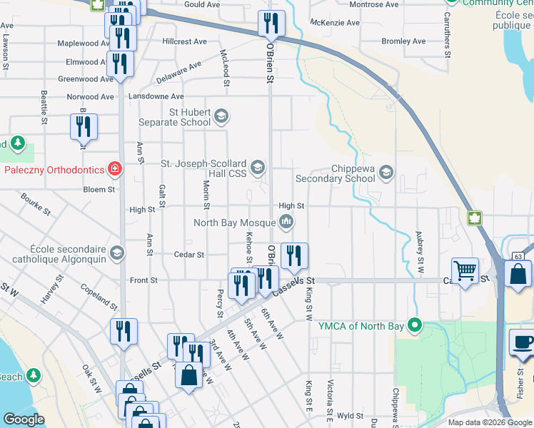 map of restaurants, bars, coffee shops, grocery stores, and more near 577 O'Brien Street in North Bay