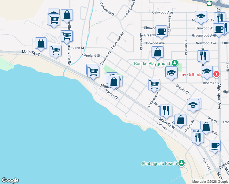 map of restaurants, bars, coffee shops, grocery stores, and more near in North Bay