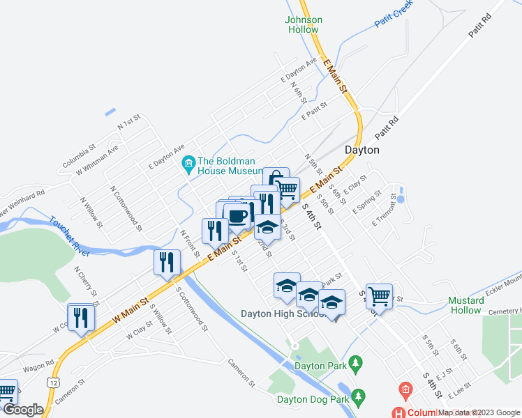 map of restaurants, bars, coffee shops, grocery stores, and more near 341 East Main Street in Dayton
