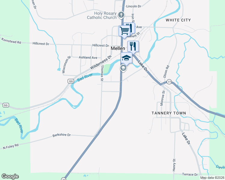 map of restaurants, bars, coffee shops, grocery stores, and more near 120 Jefferson Avenue in Mellen
