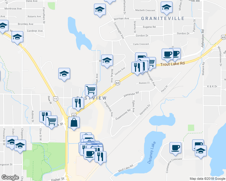 map of restaurants, bars, coffee shops, grocery stores, and more near 2405 Trout Lake Road in North Bay