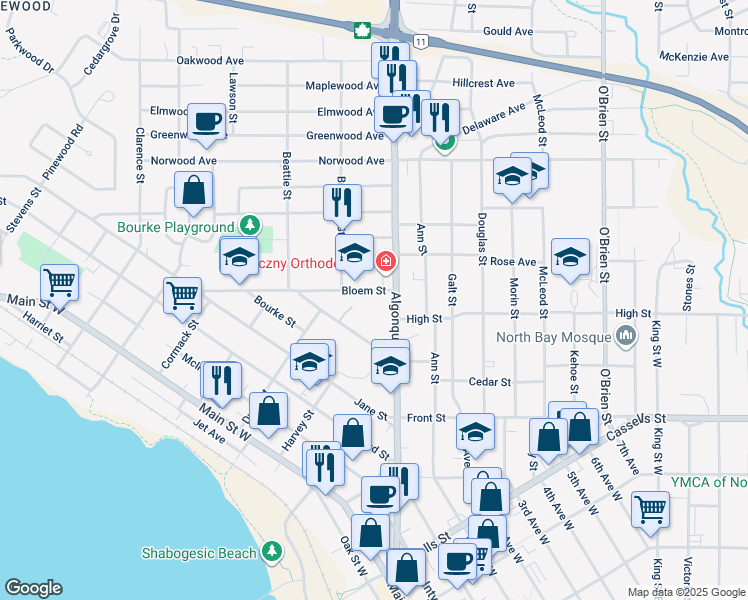 map of restaurants, bars, coffee shops, grocery stores, and more near in North Bay